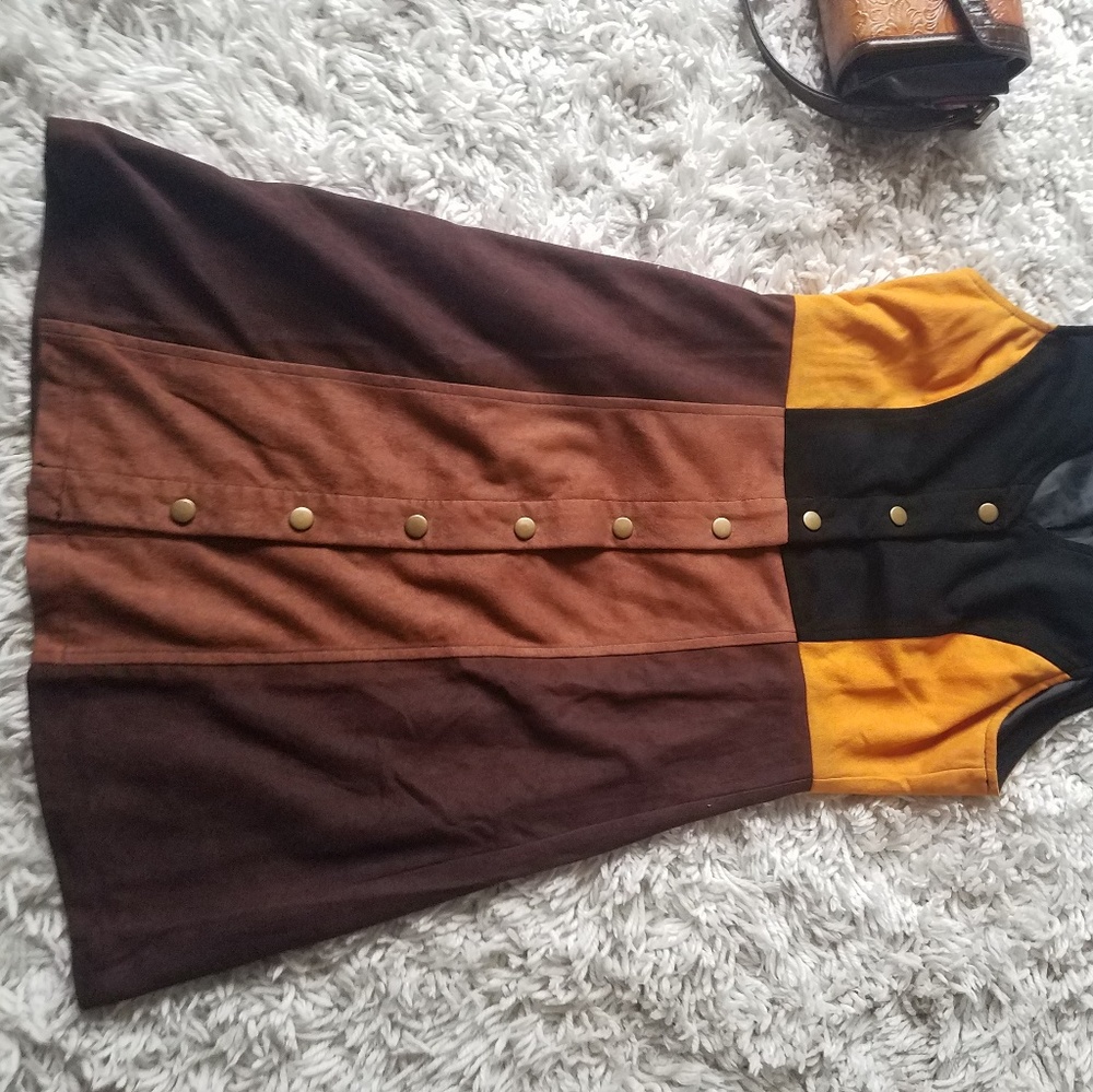 Color block, faux suede, 70's sytle mini/midi dress - Picture 6 of 7